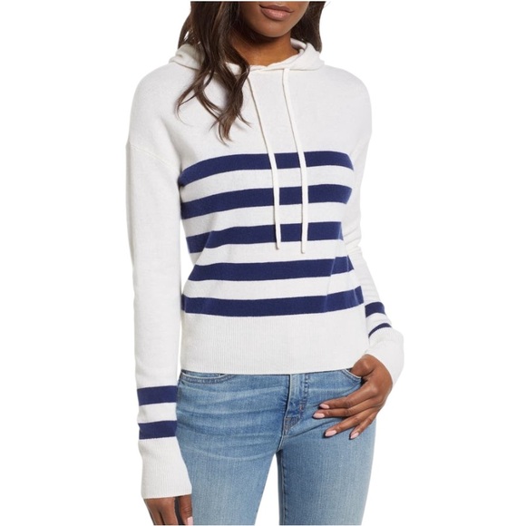 Vineyard Vines Cream & Blue Striped Cashmere & Wool Pullover Hoodie Sweater - M - Picture 15 of 15